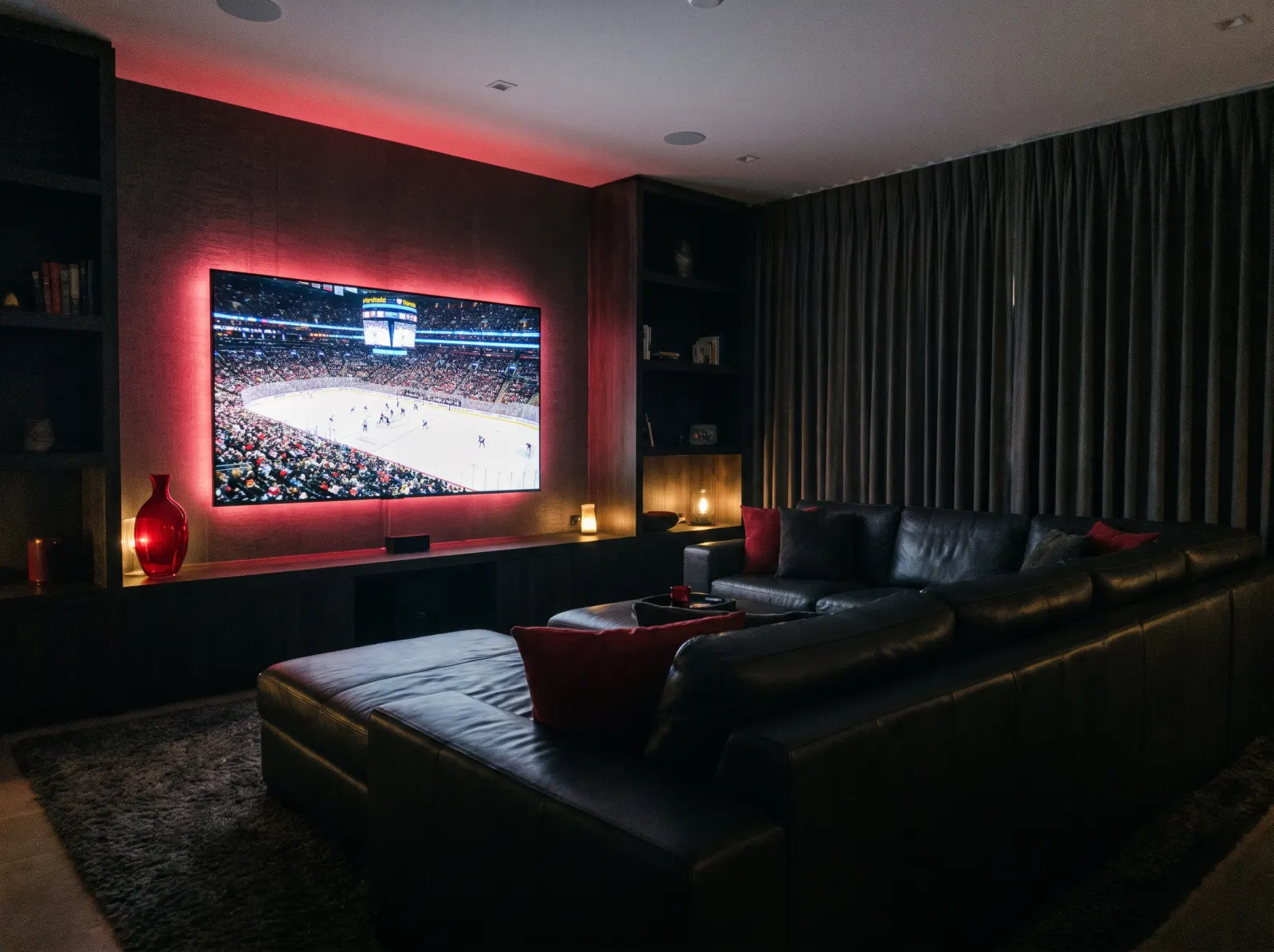 Living room with a large 4K TV streaming a live hockey game through IPTV8k in Canada