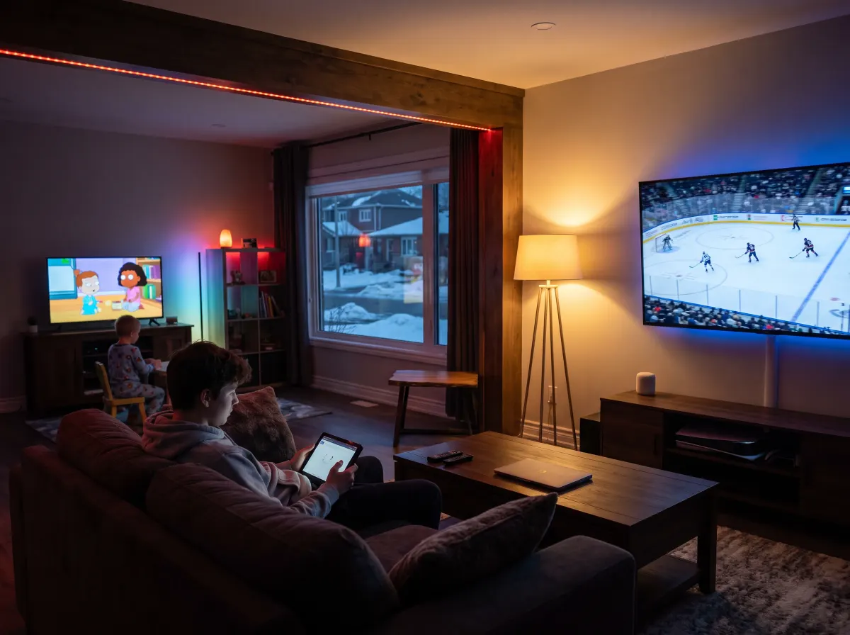 Family watching IPTV8k Canada on several screens at the same time: TV, tablet and phone